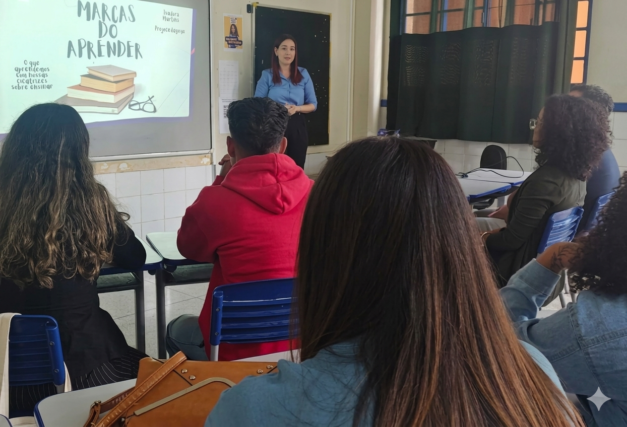 Isadora Martins conduzindo oficina de desenvolvimento humano em sala de aula